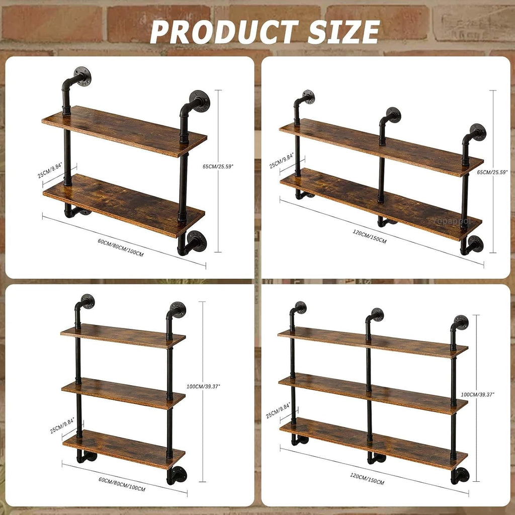 Industrial Pipe Wall Mounted Shelf with Large Storage 3 Tiers Plant Stand and Wooden Bookshelf Display Unit for Home Décor Ideal for Bedroom Living Room and Bathroom 120X25X10,100x25x65cm