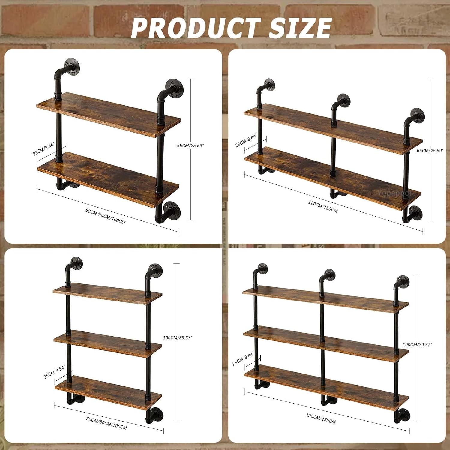 Industrial Pipe Wall Mounted Shelf with Large Storage 3 Tiers Plant Stand and Wooden Bookshelf Display Unit for Home Décor Ideal for Bedroom Living Room and Bathroom 120X25X10,100x25x65cm