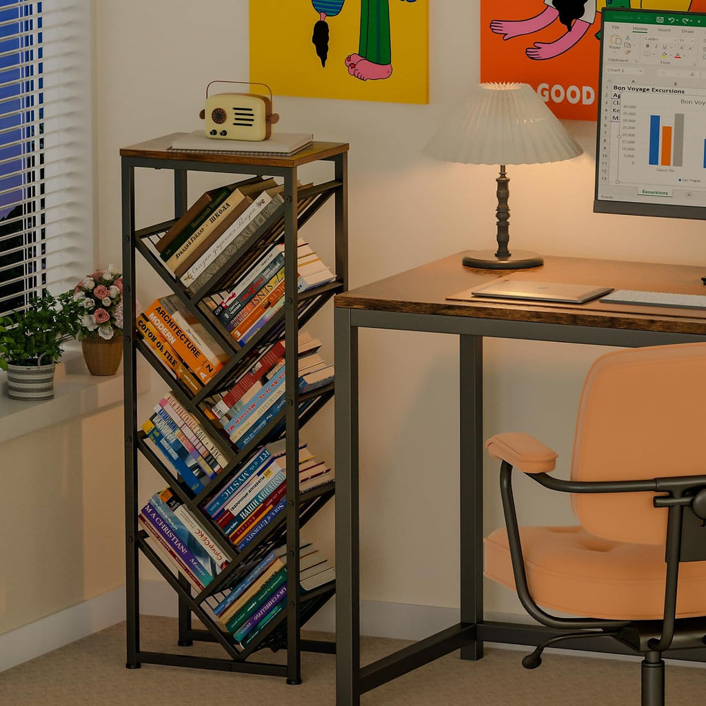 Cutogxon Tree Bookshelf - 9 Tier Visual Metal Floor Standing Book Shelf with Wooden Top, Small Bookshelf for Small Spaces Bookshelves Book Storage Organizer Shelves for Living Room Bedroom Black