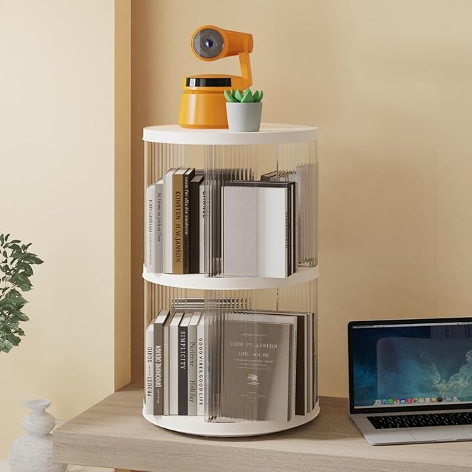 2 Tier Rotating Bookshelf Spinning Bookshelf Tower Swivel Bookcase Round Book Shelf for Small Space Revolving Bookcase for Playroom Bedroom Living Room