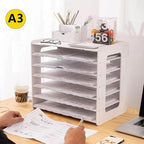 Extra Large A3 Paper Storage Unit, 11x17 Paper Organizer, Tiered Stationery Storage Rack PVC with 7 Compartments, Desk Organizer for Office and School Supplies