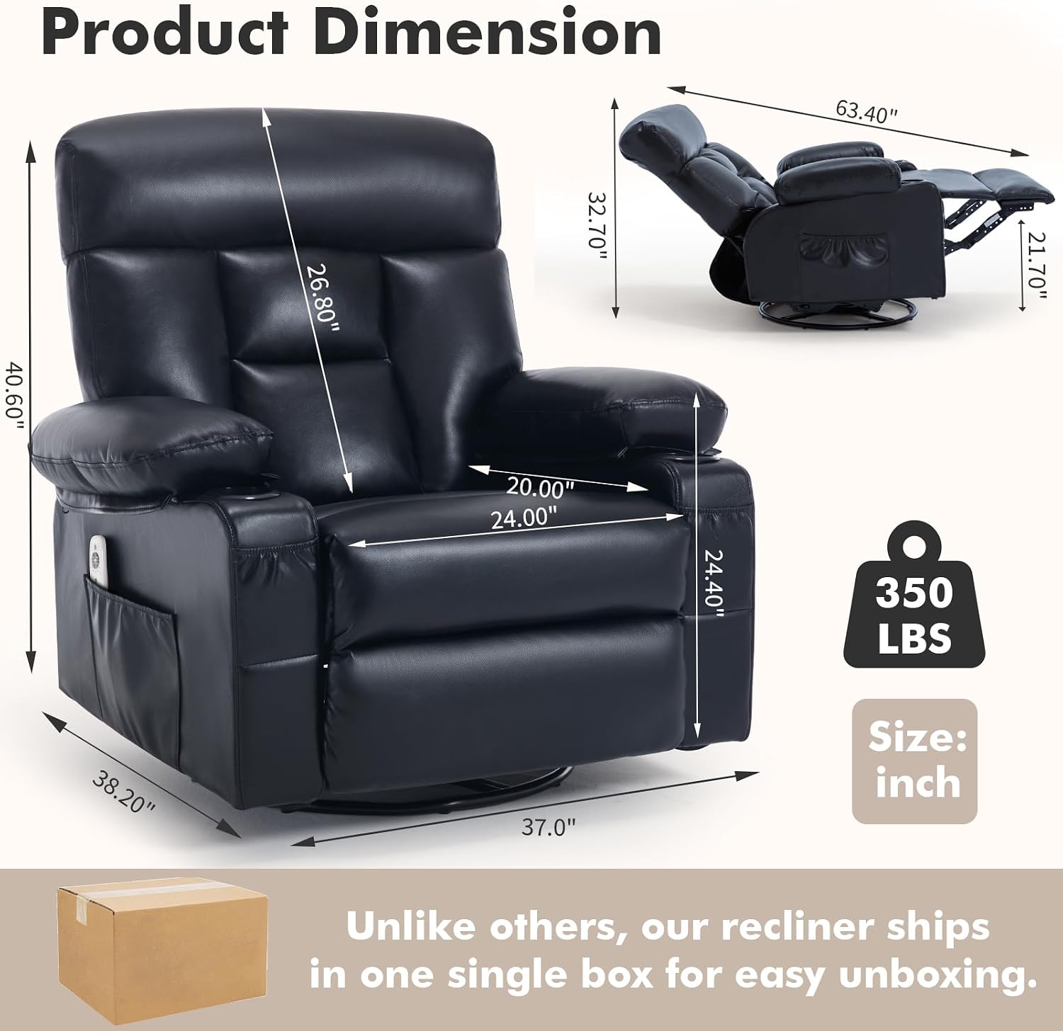 Faux Leather Swivel Rocker Recliner Chair with Heat Massage, Black | Manual Recliner, Overstuffed, Cup Holders, USB Port, Reclining Lounge Chair, Nursery Rocking Glider Chair