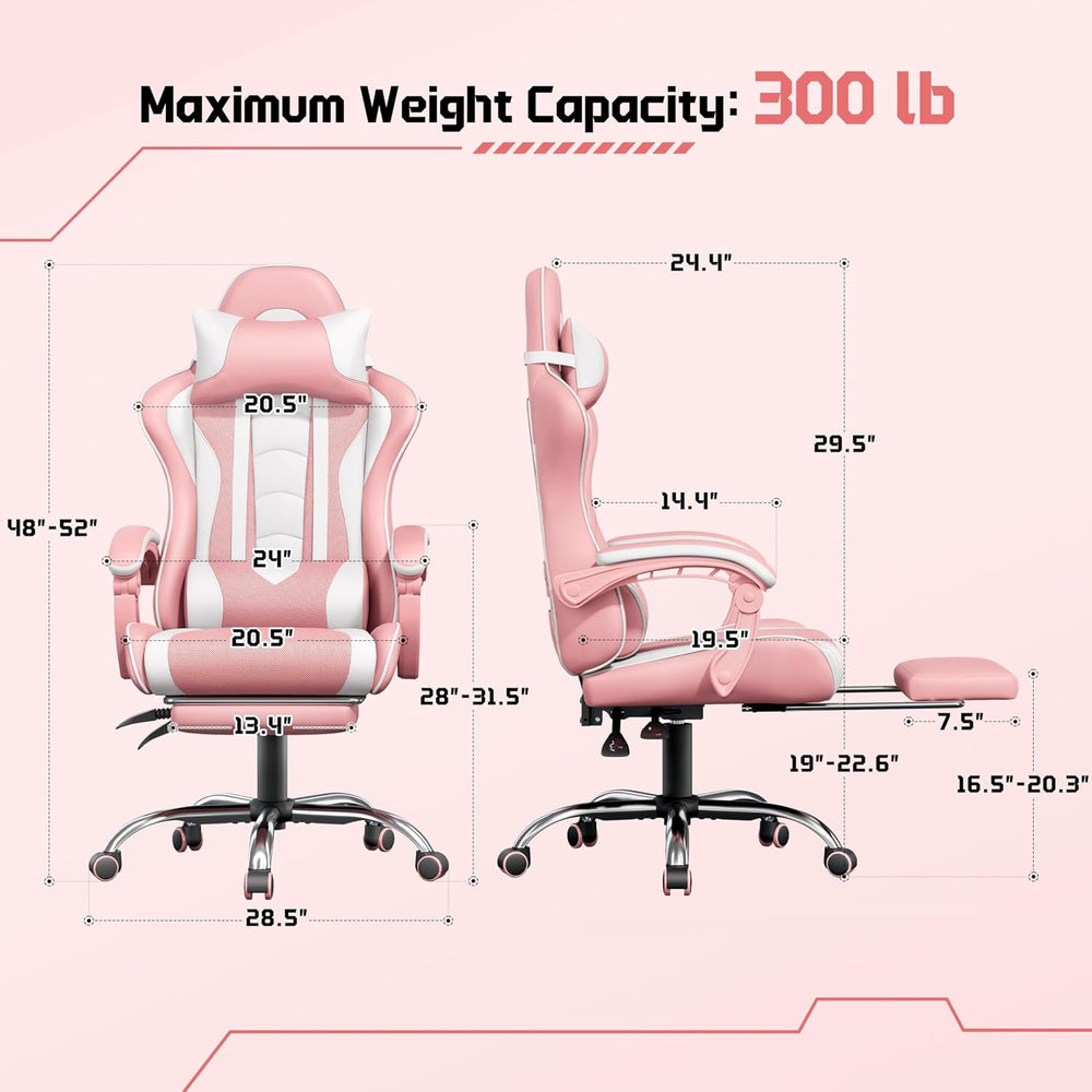 Yaheetech Gaming Chair with Footrest Massage Lumbar Pillow Pink and White | F...