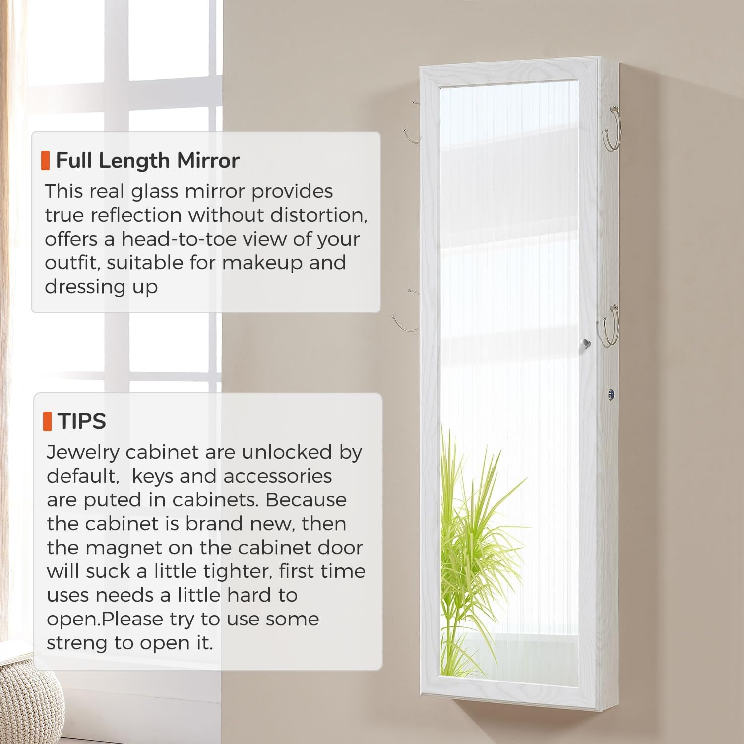 GISSAR Jewelry Mirror Armoire Wall Mount Over The Door Cabinet Storage Organizer Lockable Full Length Door Mirror(White)