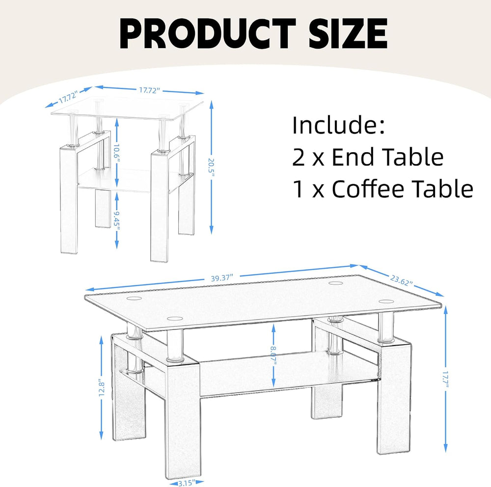IANIYA Modern Tempered Glass Coffee Table Set - 3 Piece Living Room Table Set...