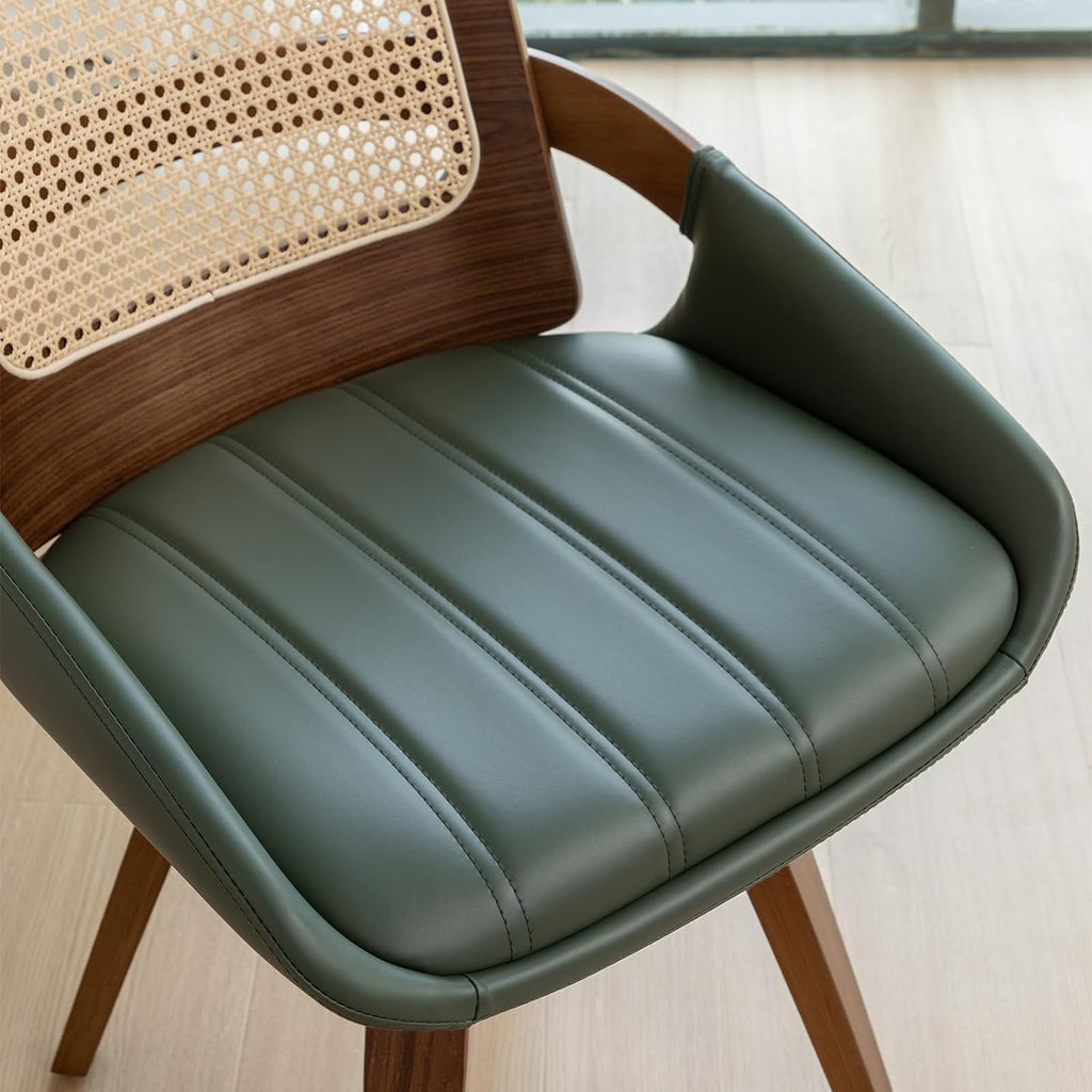 Set of 1 Swivel Rattan Dining Chair - Mid Century Modern Dining Chair with Bentwood Frame, Ergonomic Cane Back, Curved Arms, Faux Leather Swivel Chair for Kitchen/Restaurant (Walnut Green, Set of 1)