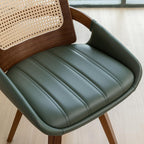 Set of 1 Swivel Rattan Dining Chair - Mid Century Modern Dining Chair with Bentwood Frame, Ergonomic Cane Back, Curved Arms, Faux Leather Swivel Chair for Kitchen/Restaurant (Walnut Green, Set of 1)