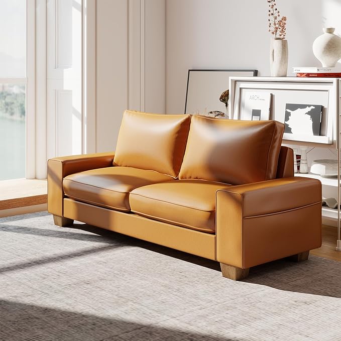 Modern Faux Leather Sofa, Large Couch with Spring Cushions & Solid Wood Frame, Easy-to-Clean Removable Cover, Spacious Living Room Family Furniture, Extra Long Couch (88.58", Brown)
