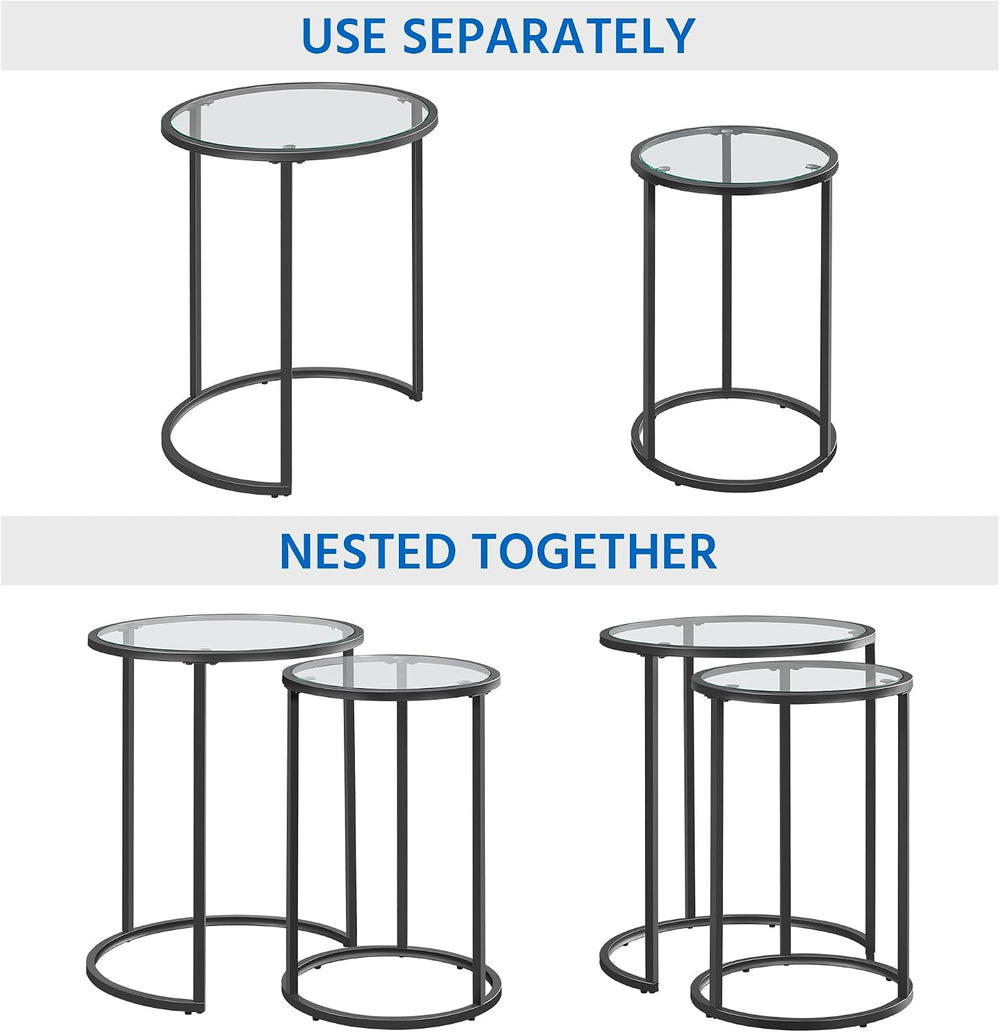 Yaheetech Round Nesting Side Tables Set of 2 with Tempered Glass Top, Black |...