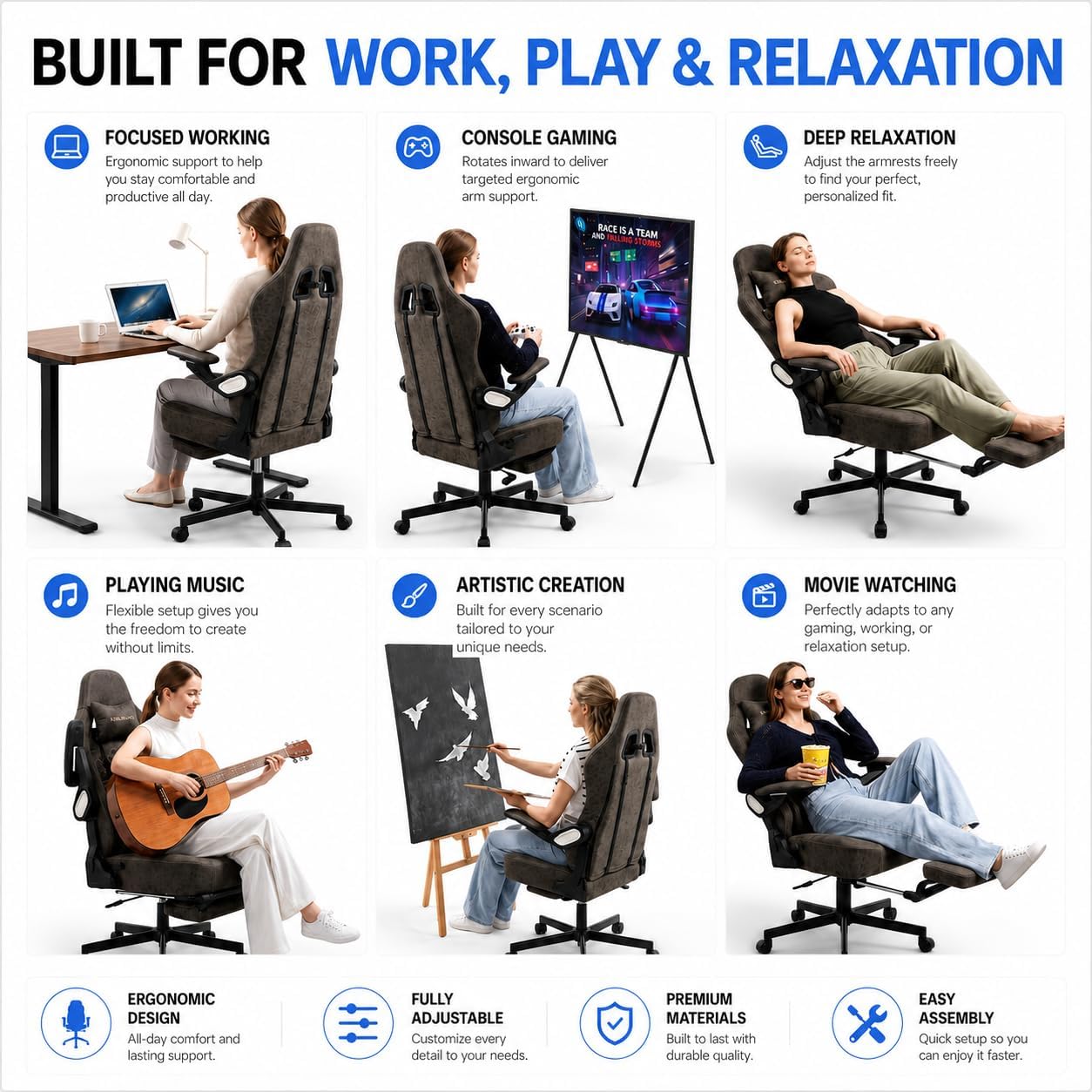 Ergonomic Gaming Chair for Adults - Big and Tall Desk Chair with Lumbar Support and Mechanical Arm Armrests, Comfortable Gamer Computer Chair, Gaming Chairs with Footrest (Black Leather)