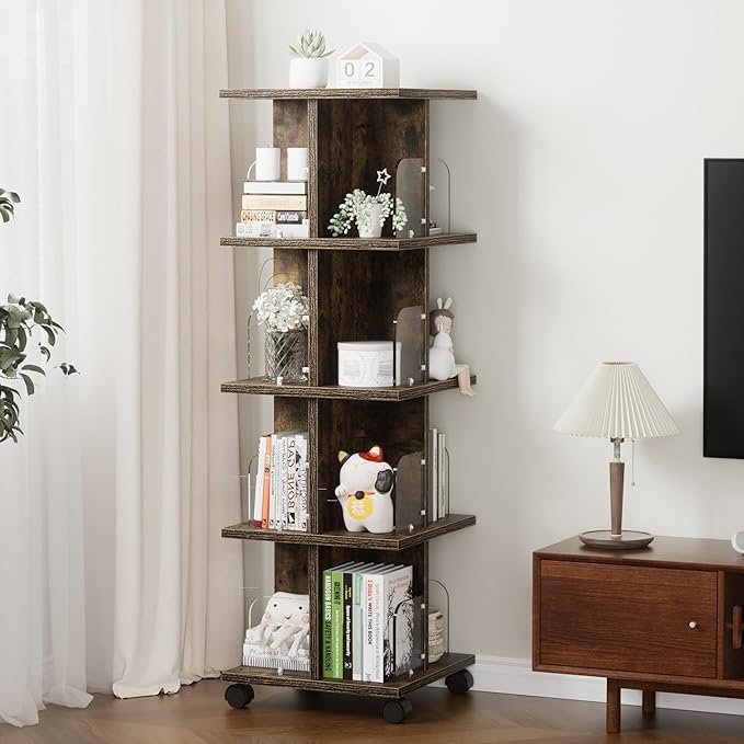 VECELO 4-Tier Rotating Bookshelf, Modern Swivel Bookcase, Vintage Book Shelf for 360° Display, Stackable Shelves Floor-Standing Storage for Home Office, Solid Wood, Smooth Spinning, Brown