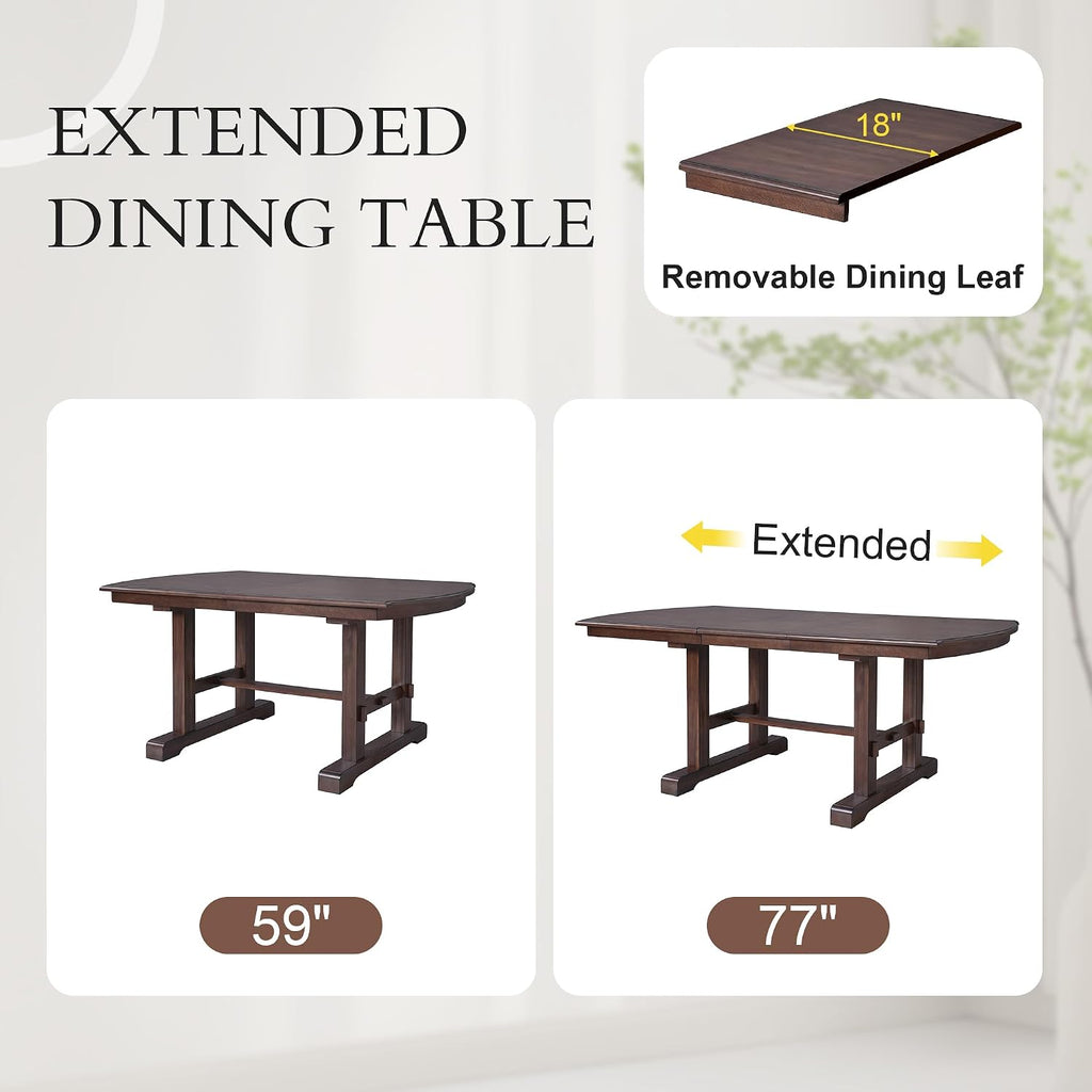 P PURLOVE 6 Piece Dining Table Set, 60inch to 78inch Extendable Wood Kitchen Table with Removable Leaf, 4 Upholstered Side Chair and 1 Bench for 6 (Cherry)