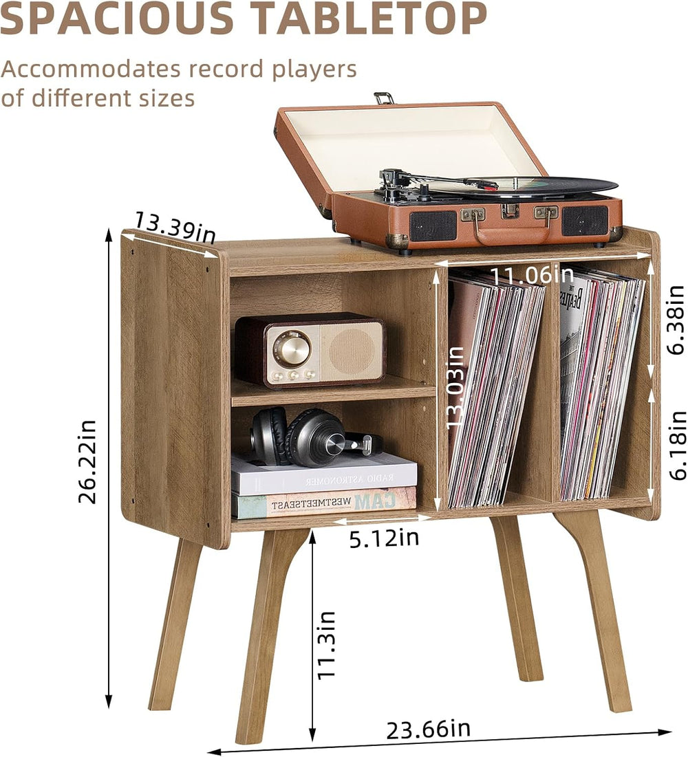 LELELINKY Wide Record Player Stand, 4-Cubby Vinyl Storage Table, Oak Grey | M...