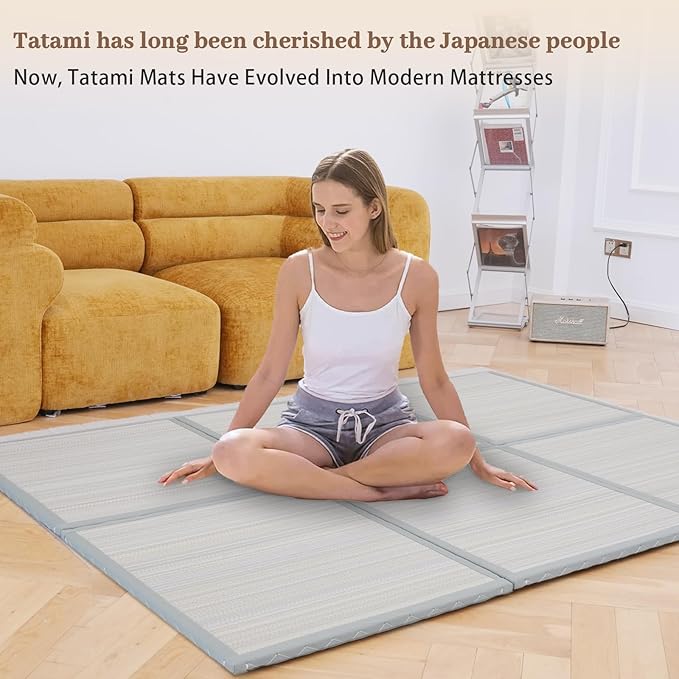 Zonli Japanese Tatami Mat, Foldable Floor Sleeping Pad Futon Mattress, Made from Natural Coconut Shell Fiber & Jute Fiber, Firm Traditional Floor Bed Full 54"x80"