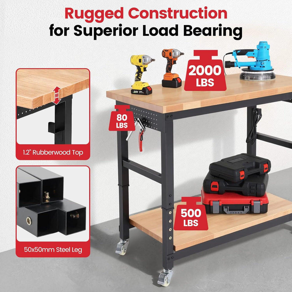 Workbench with Wheels 48 Inch Adjustable Height Work Table with Under Table Shelf, Pegboard, Power Outlets Work Bench for Garage, Home, Office, Workshop