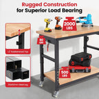 Workbench with Wheels 48 Inch Adjustable Height Work Table with Under Table Shelf, Pegboard, Power Outlets Work Bench for Garage, Home, Office, Workshop
