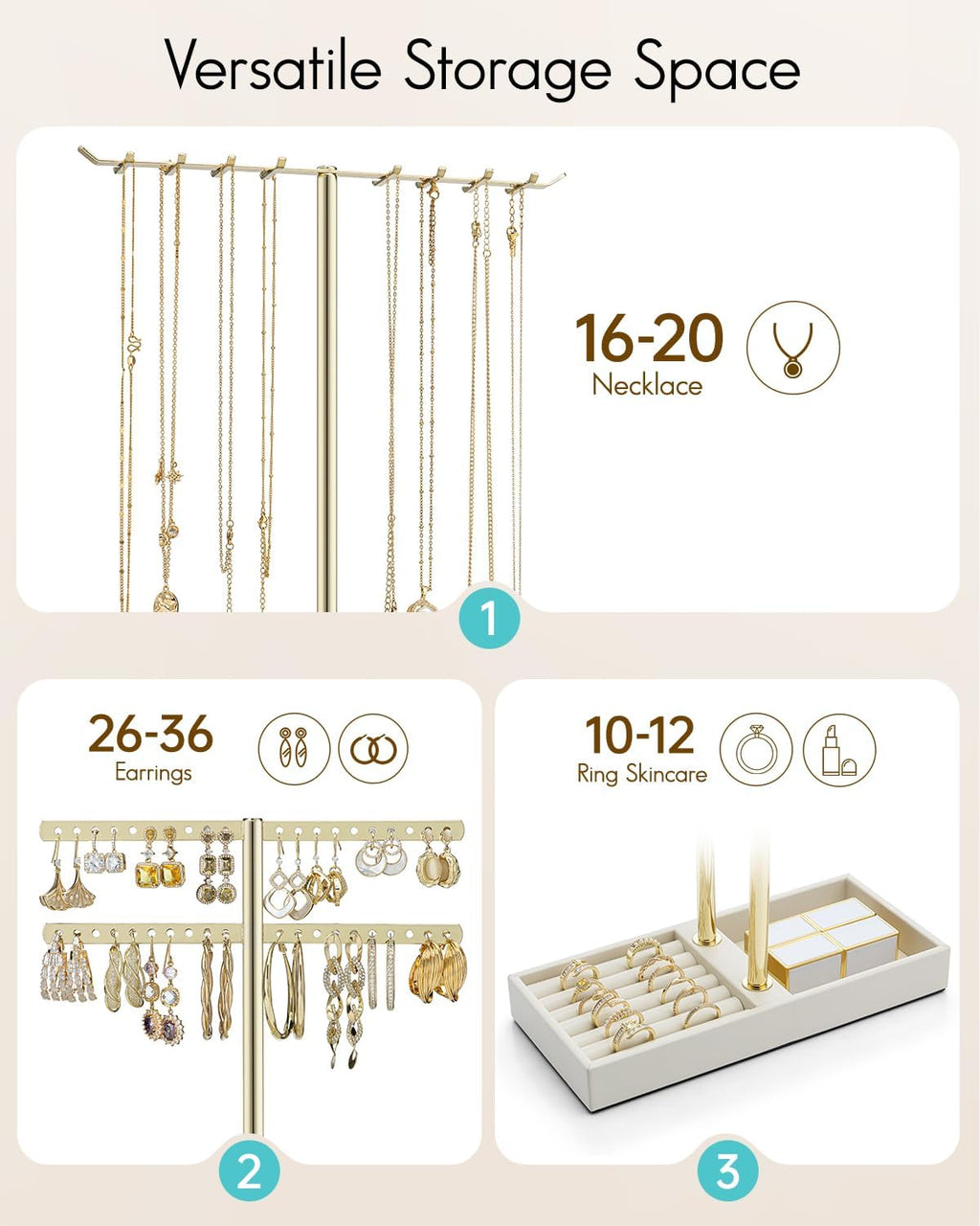 Vlando 2 Tier Jewelry Stand Organizer with Tary, Leather Jewelry Holder Display for Women, Gold Jewlery Holder Stand for Necklace, Earring, Bracelet, Rings - Cloud White
