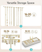 Vlando 2 Tier Jewelry Stand Organizer with Tary, Leather Jewelry Holder Display for Women, Gold Jewlery Holder Stand for Necklace, Earring, Bracelet, Rings - Cloud White
