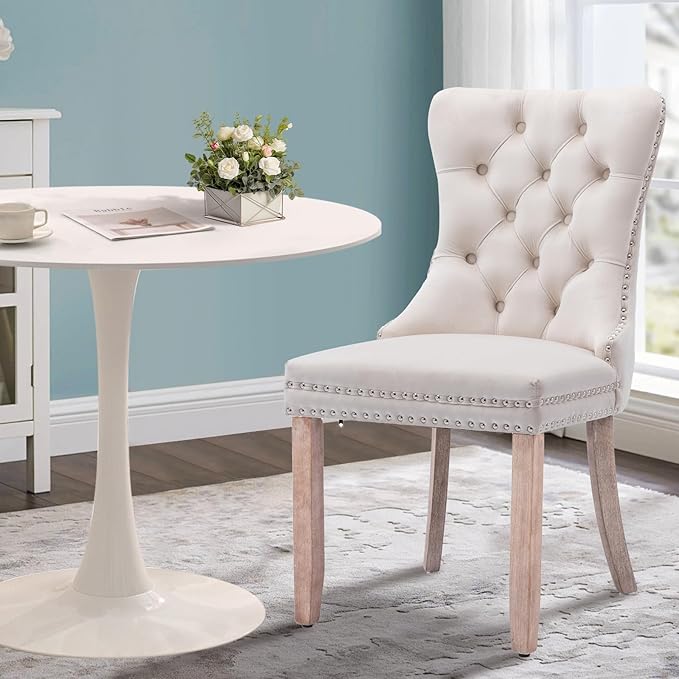 3-Piece Round Dining Table Set for 2,31.5" White Table & 2 Beige Velvet Chairs, Modern Space-Saving Kitchen Dining Set