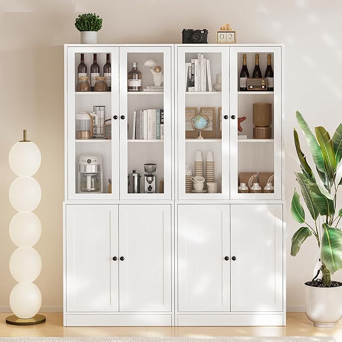 TUSY 71" TV Stand Storage Set - 2 Tall Bookcases & 2 Side Cabinets, Media Console with Glass & Wood Doors, Entertainment Center with Drawers, Tall Media Console for Living Room (White, ADDA)