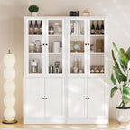 TUSY 71" TV Stand Storage Set - 2 Tall Bookcases & 2 Side Cabinets, Media Console with Glass & Wood Doors, Entertainment Center with Drawers, Tall Media Console for Living Room (White, AEEA)