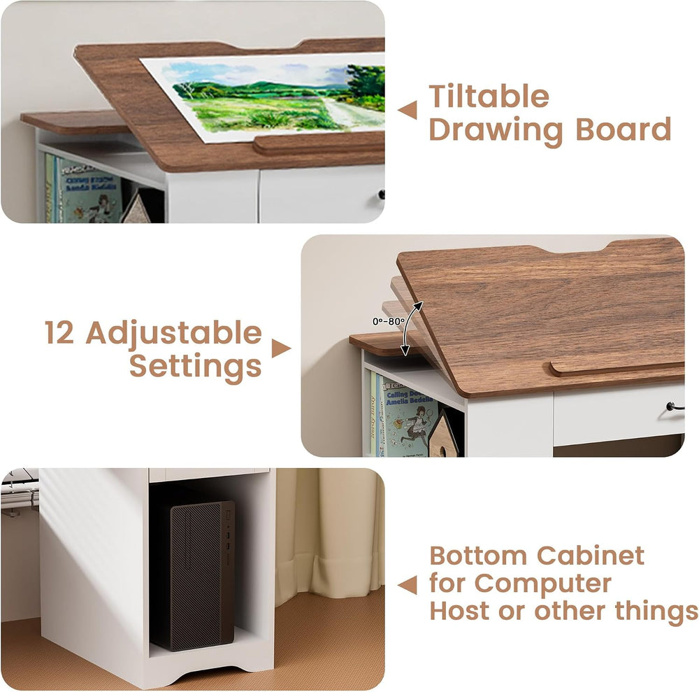 Drafting Table with Storage Cabinet & Drawers, Adjustable Drawing Desk wi...
