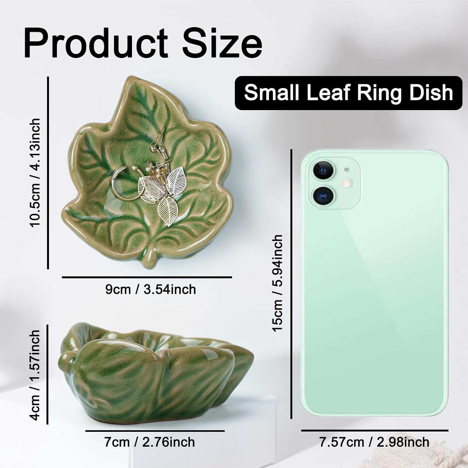 3.5' Green Cute Leave Ceramic Jewelry Tray for Dressing Table | Petite Bowl Keeps Rings, Earrings, Keys, and Keepsakes Visible on Vanities or Dressers, Making a Sweet Gift for Women