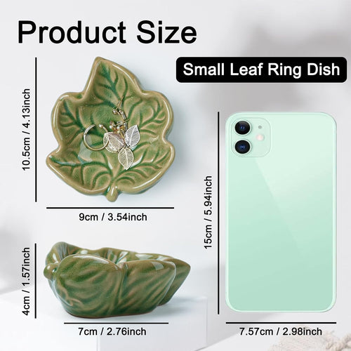 3.5' Green Cute Leave Ceramic Jewelry Tray for Dressing Table | Petite Bowl Keeps Rings, Earrings, Keys, and Keepsakes Visible on Vanities or Dressers, Making a Sweet Gift for Women
