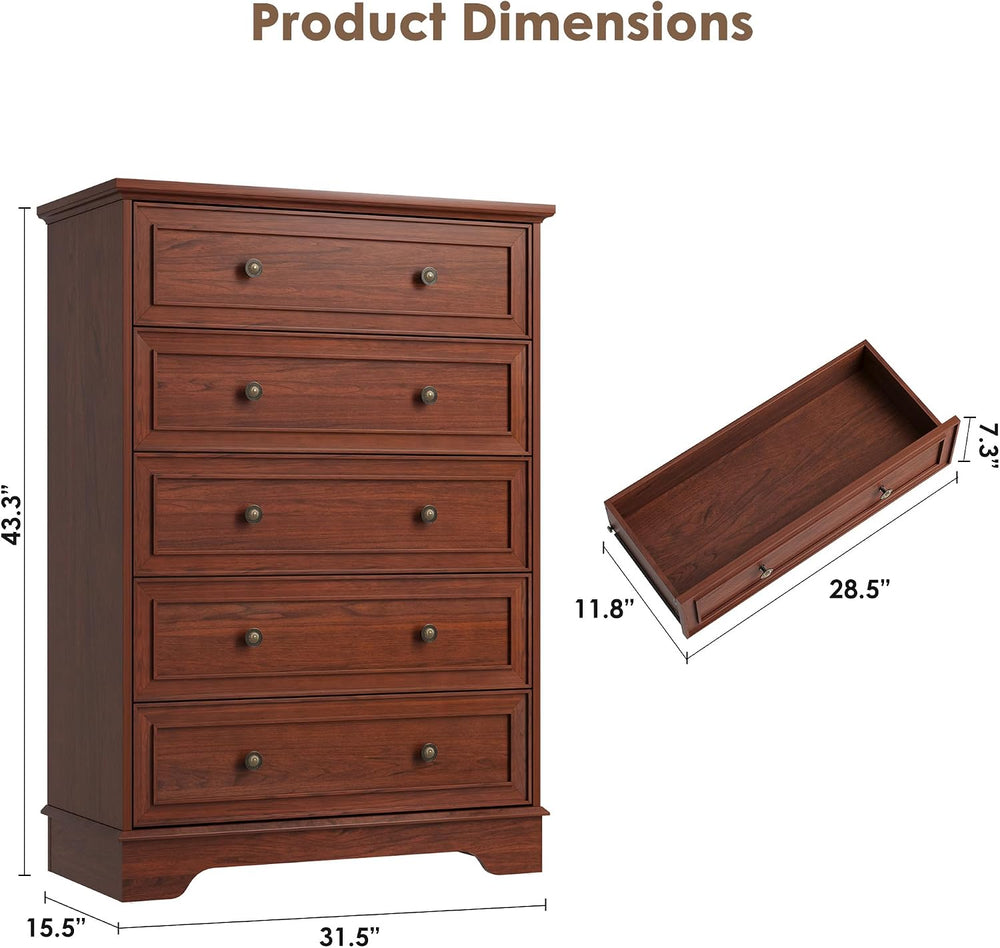 Garvee 5 Drawer Dresser for Bedroom - Vertical Chest of Drawers, Farmhouse Ta...