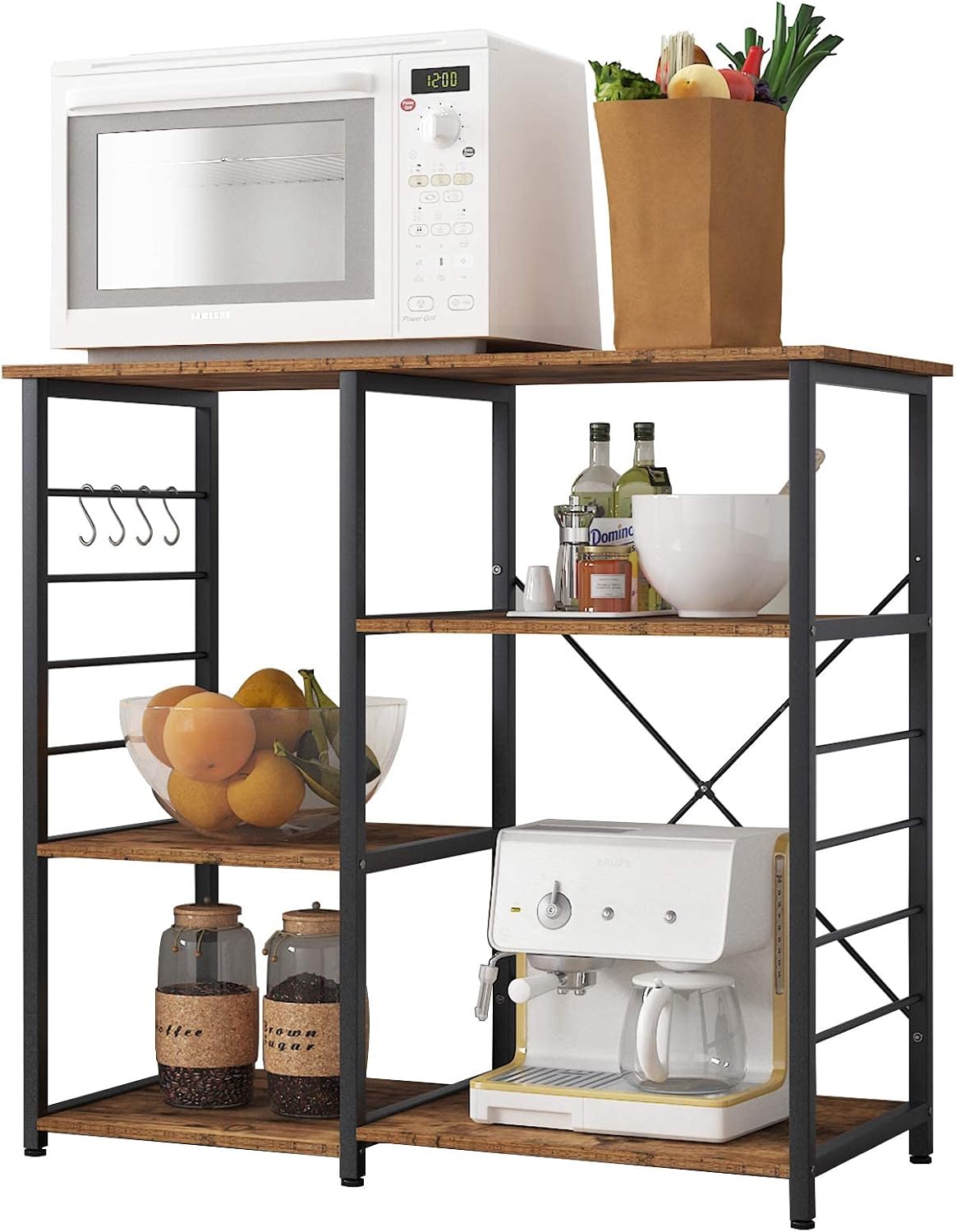 SogesPower Kitchen Baker's Rack, 3-Tier Microwave Stand Storage Rack with Different Height,Vintage Coffee Station with 5 Hooks,Organizer Workstation for Kitchen, Living Room and Corridor