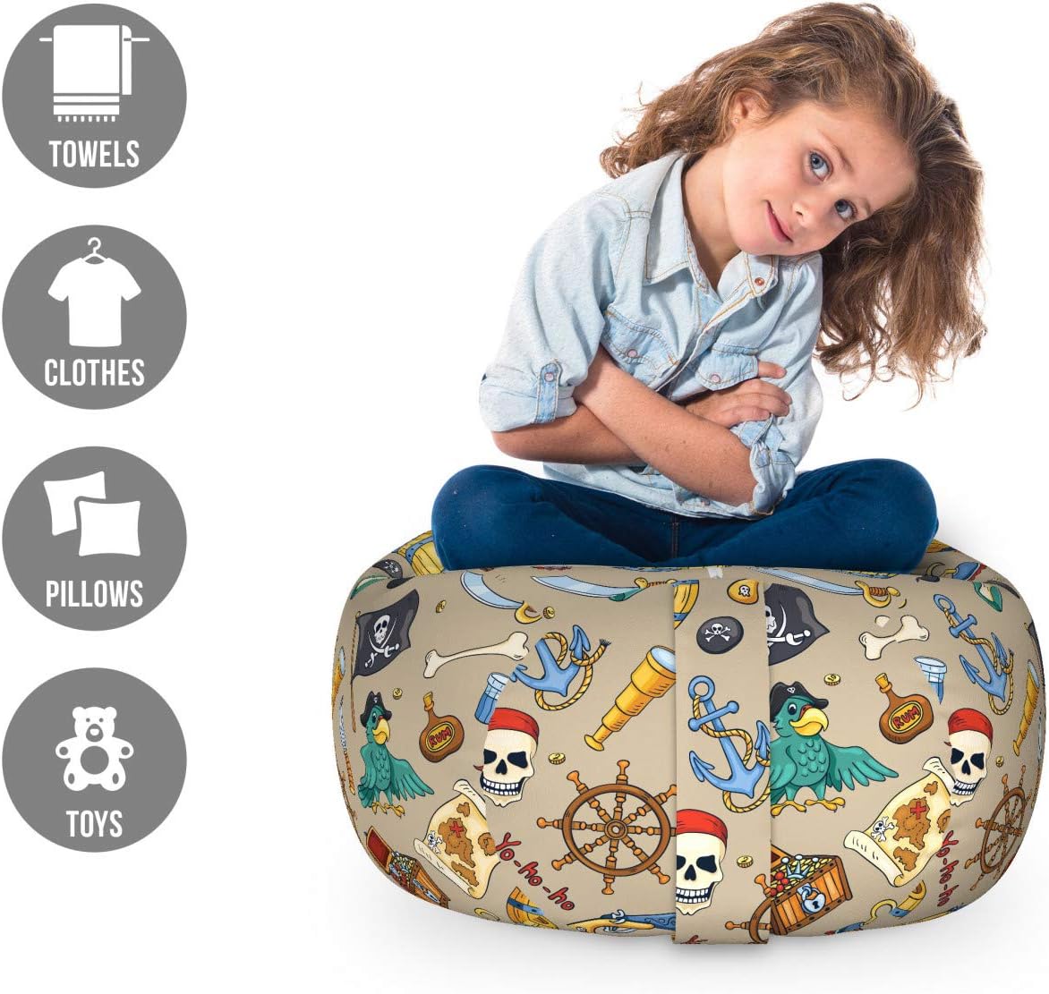 Ambesonne Pirates Storage Toy Bag Chair, Cheerful Sketch Cartoon Pattern with Adventurous Sea Travel Piracy Theme Elements, Stuffed Animal Organizer Washable Bag, Small Size, Tan White