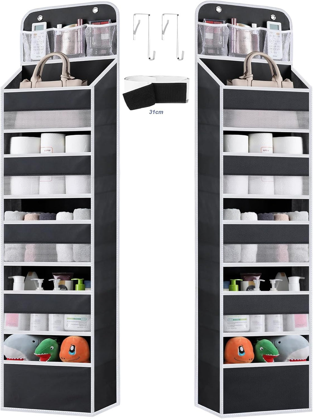Over the Door Organizer Storage - 5 Tier Hanging Storage shelves Door Organizer with Pockets, Anti Tilt 44 lb Load Behind Door Organizer for Bedroom,Nursery,Bathroom,Kitchen,Dorm,Shoe - 1 Pack, Black