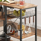 soges 3-Tier Kitchen Baker's Rack, Compact Microwave Stand, Rustic Brown | Space-saving for Apartments, Kitchen, Pantry, Living Room, Sliding Storage Basket, 5 Hooks, Sturdy X-Frame, Easy Assembly