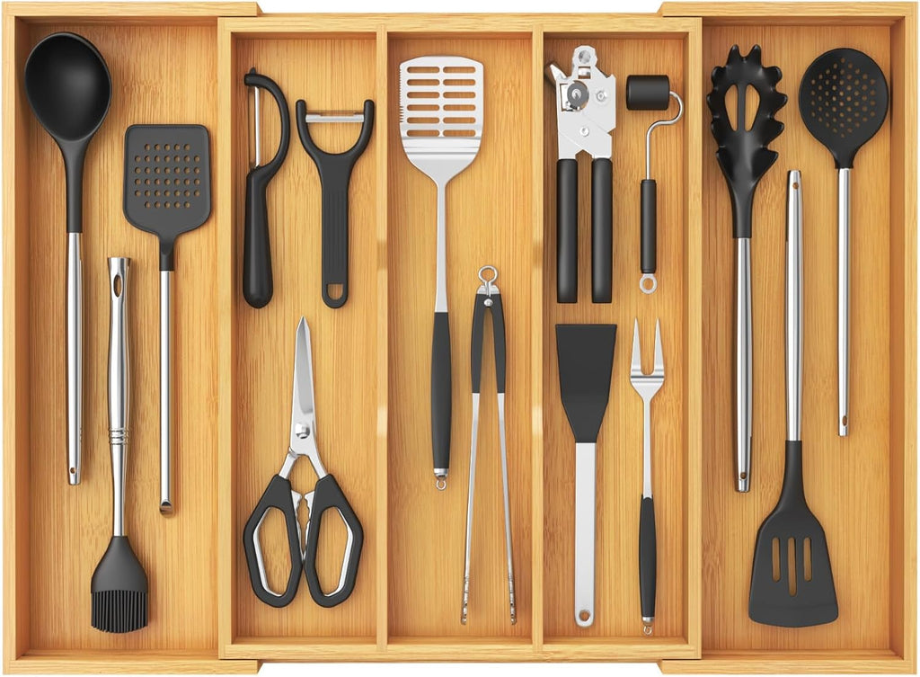 Lifewit Utensil Organizer for Kitchen Drawer, Expandable Cooking Utensil Tray, Cutlery Silverware Flatware Holder, Wood Adjustable Spatula Tools Storage Divider, 15.6-28 x 18.5, Natural
