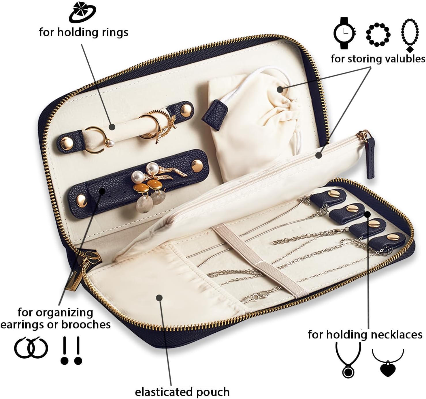 Travel Jewelry Organizer Case - for Tangle-Free Necklaces, Earrings, Rings, Bracelets Storage, Travel Essentials, Fashion Portable Jewelry Travel bags for Women - Medium Black