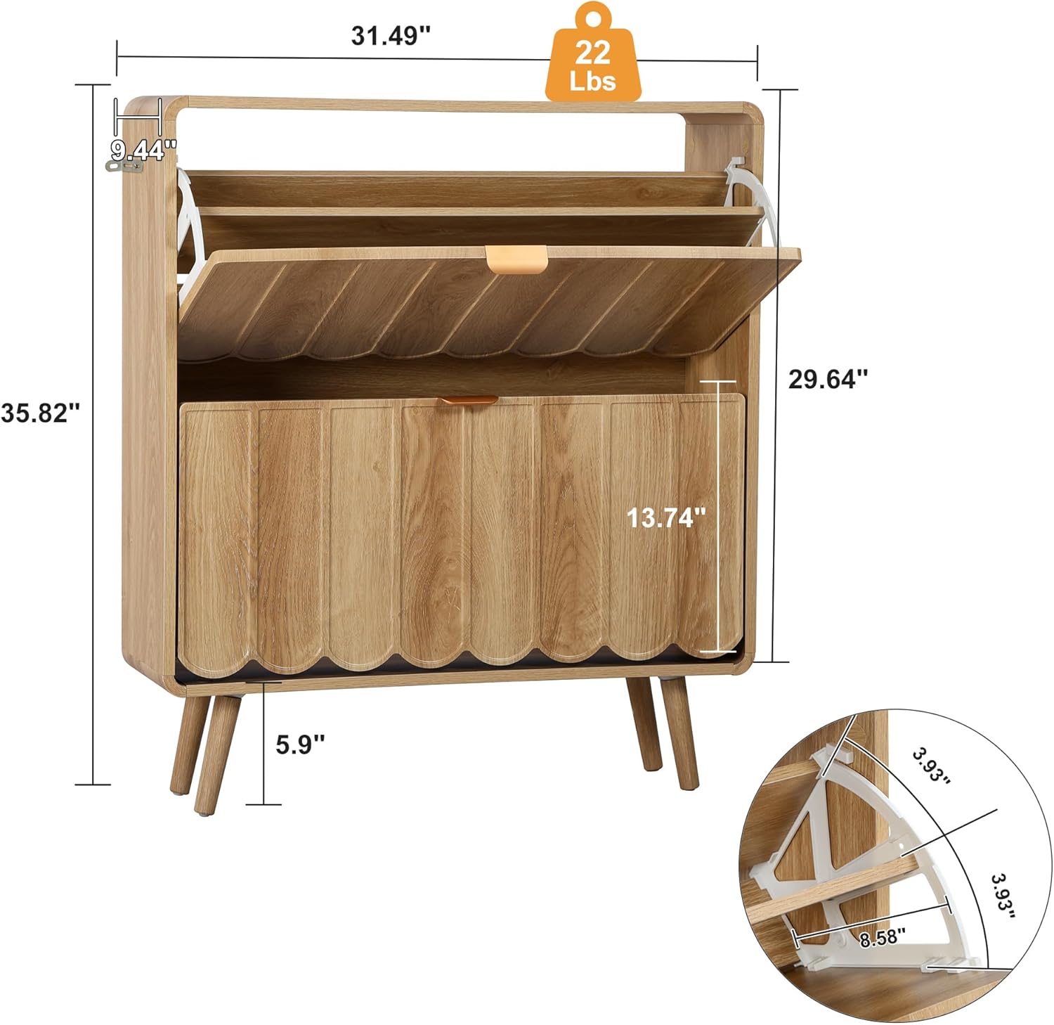Shoe Storage Cabinet for Entryway with 2 Flip Drawers, Freestanding Narrow Wood Shoe Cabinet with Wave Panel, Hidden Shoe Organizer for Foyer, Hallway (Natural)