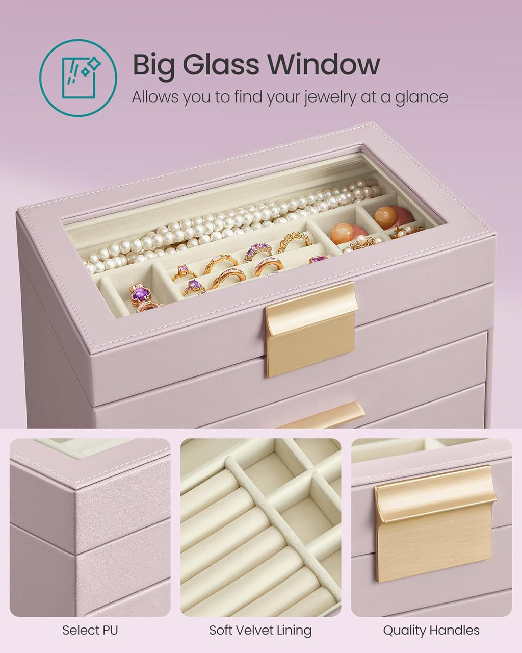 SONGMICS Jewelry Box Organizer with Glass Lid, 4-Layer Jewelry Storage, with 3 Drawers, Modern Style, Christmas Gift, 6 x 9.9 x 8.5 Inches, Lavender Purple and Gold Color UJBC161P01