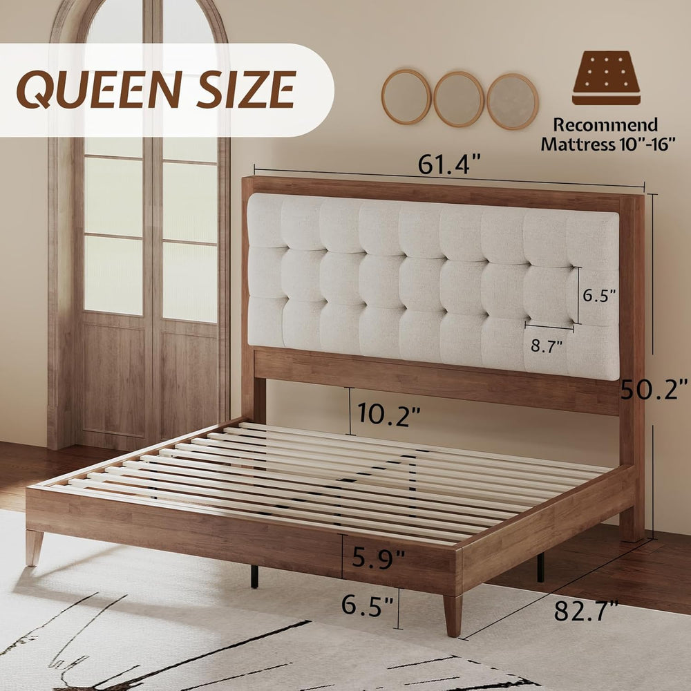 Jocisland Queen Bed Frame Solid Wood,50" Tall Upholstered Headboard,Walnut