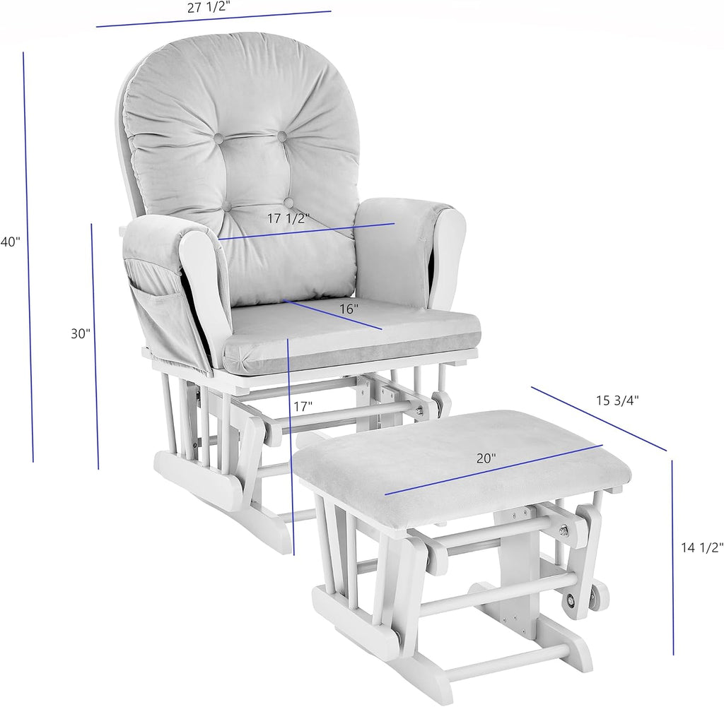 Glider and Ottoman White Wood and Gray Fabric