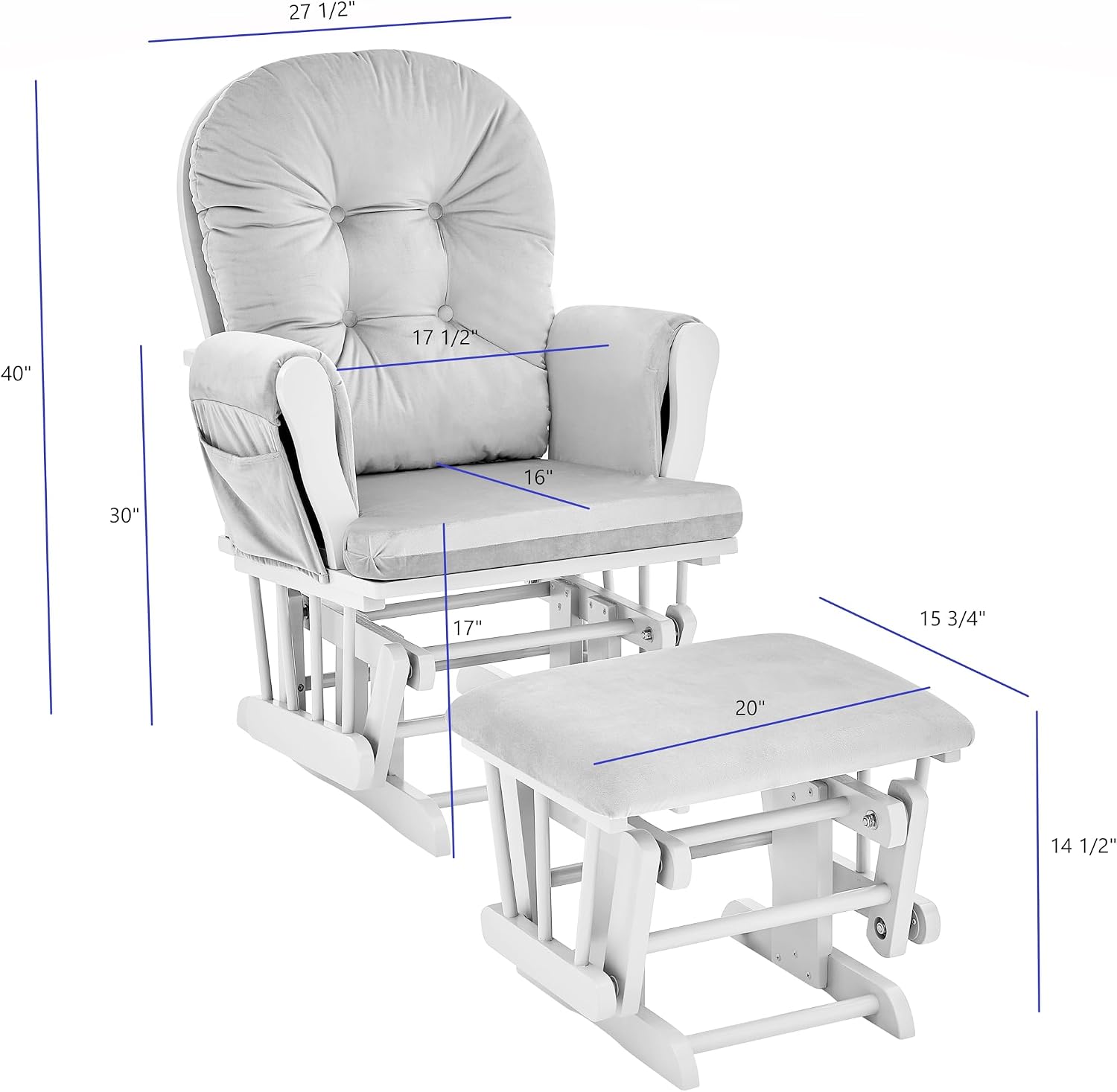 Glider and Ottoman White Wood and Gray Fabric