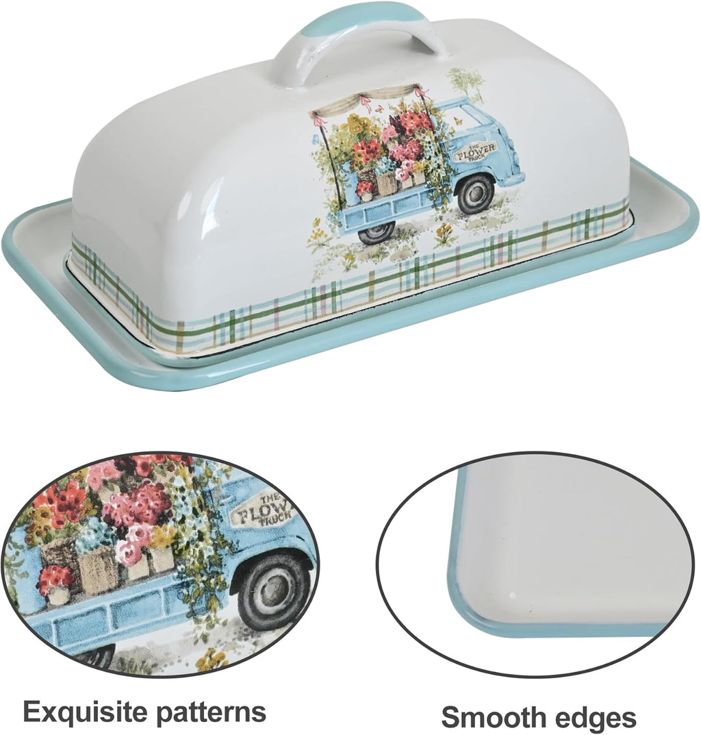 Enamel Butter Dish with Lid Vintage Enamelware Butter Keeper with Flower and Bird Patterns Farmhouse Butter Container Butter holder for Countertop Kitchen Decor (Lightblue)