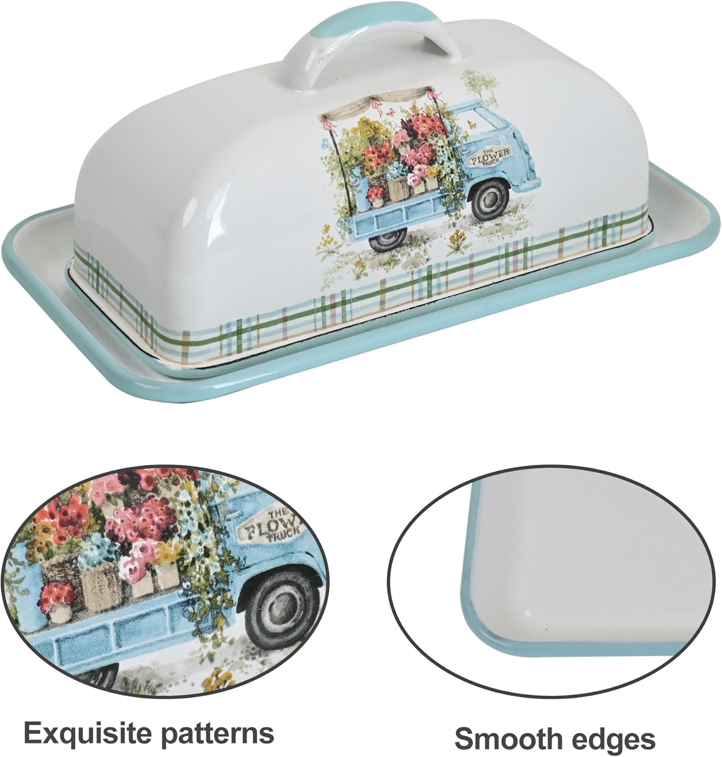 Enamel Butter Dish with Lid Vintage Enamelware Butter Keeper with Flower and Bird Patterns Farmhouse Butter Container Butter holder for Countertop Kitchen Decor (Lightblue)