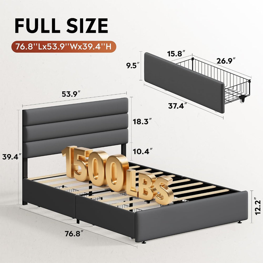 WLIVE Full Size Upholstered Bed Frame with 4 Storage Drawers and Headboard, V...