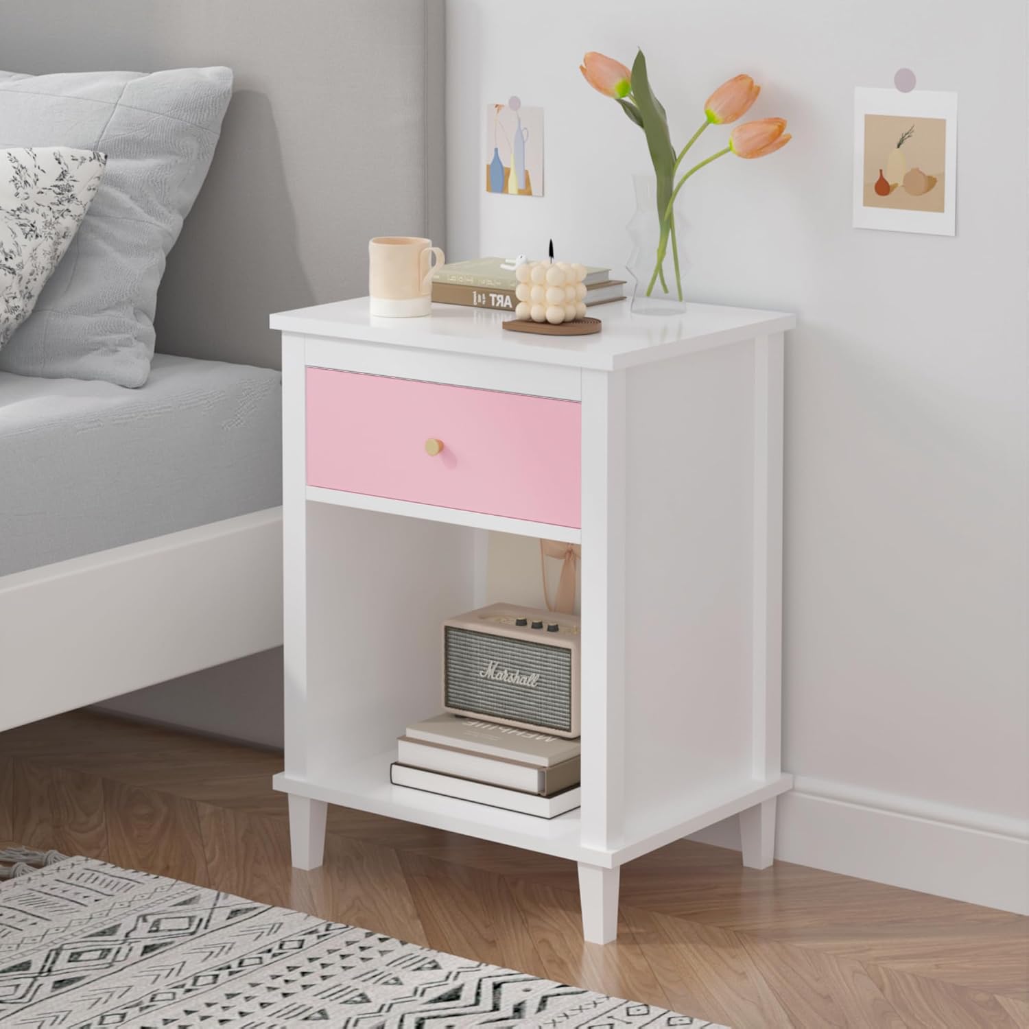 26.77"H Wooden Nightstand with Drawer & Open Shelf, Bedside End Table | Compact Storage Side Table Fits Bedrooms, Dorms for Kids and Adults Daily Use