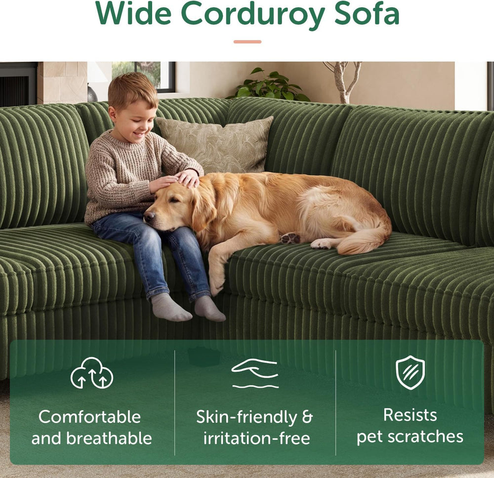 HONBAY Corduroy Convertible Sectional Sofa L Shaped Corner Couch,Green | Comp...