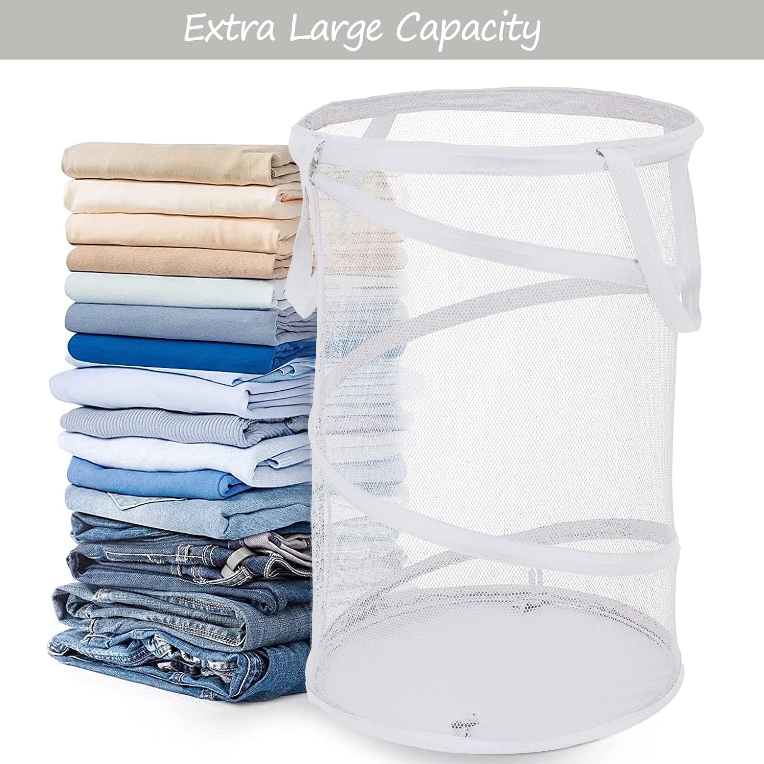 BATTOO 2 Pack White Large Collapsible Laundry Basket Foldable Mesh Pop Up Hamper with Handles for Laundry Room, Bathroom, Kids Room, College Dorm, Travel, Camping, Gift Basket