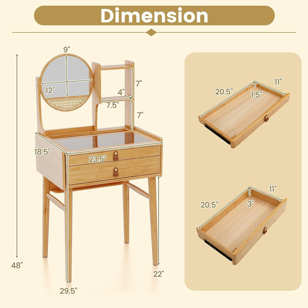 CHARMAID Small Bamboo Vanity Desk with Mirror and Stool, Glass Top Makeup Van...