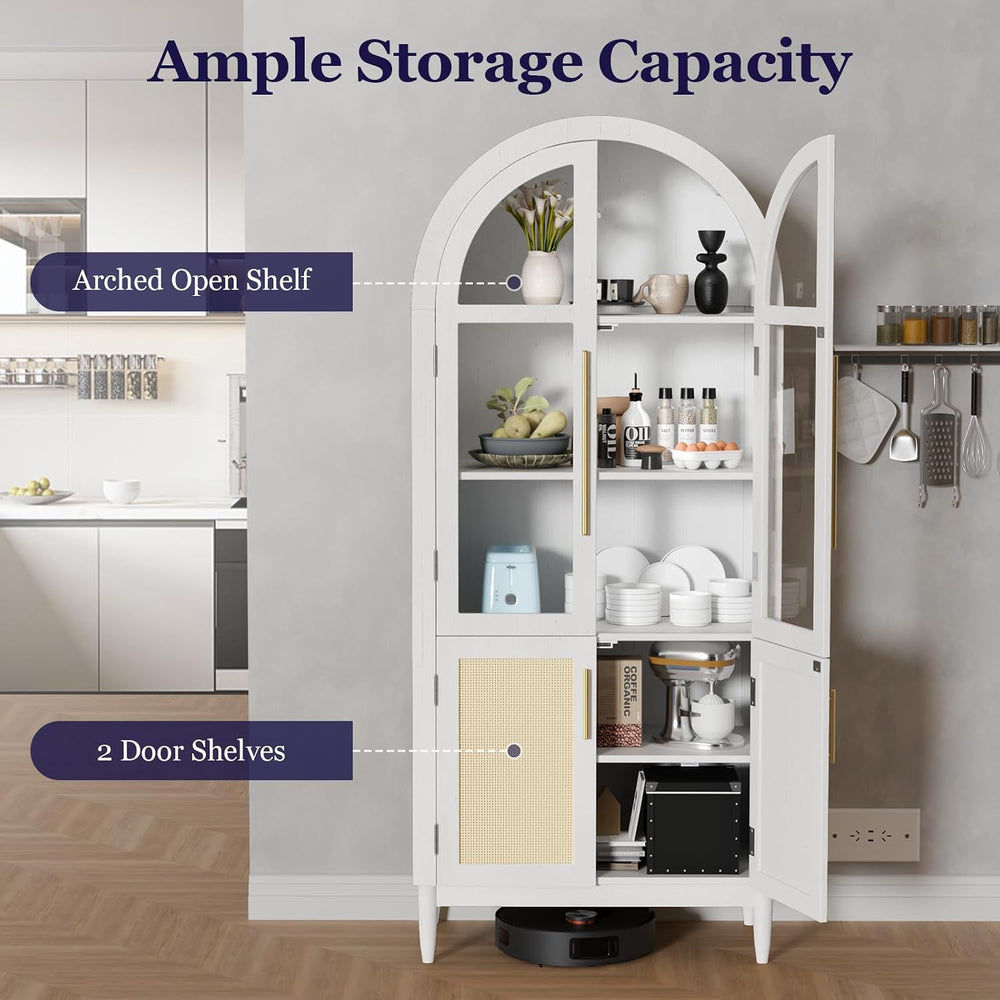 71" Tall Arched Cabinet with Glass Doors, Kitchen Pantry Storage Cabinet...
