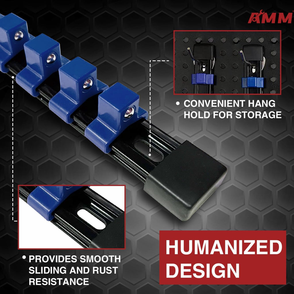 AMM 9-Piece Socket Organizer, 1/2 inch, 3/8 inch and 1/4 inch Drive ABS Tools-Blue Socket Holder,Heavy Duty Socket Racks, Premium Quality Socket Clip Rail Holder,The best tool trays in the garage