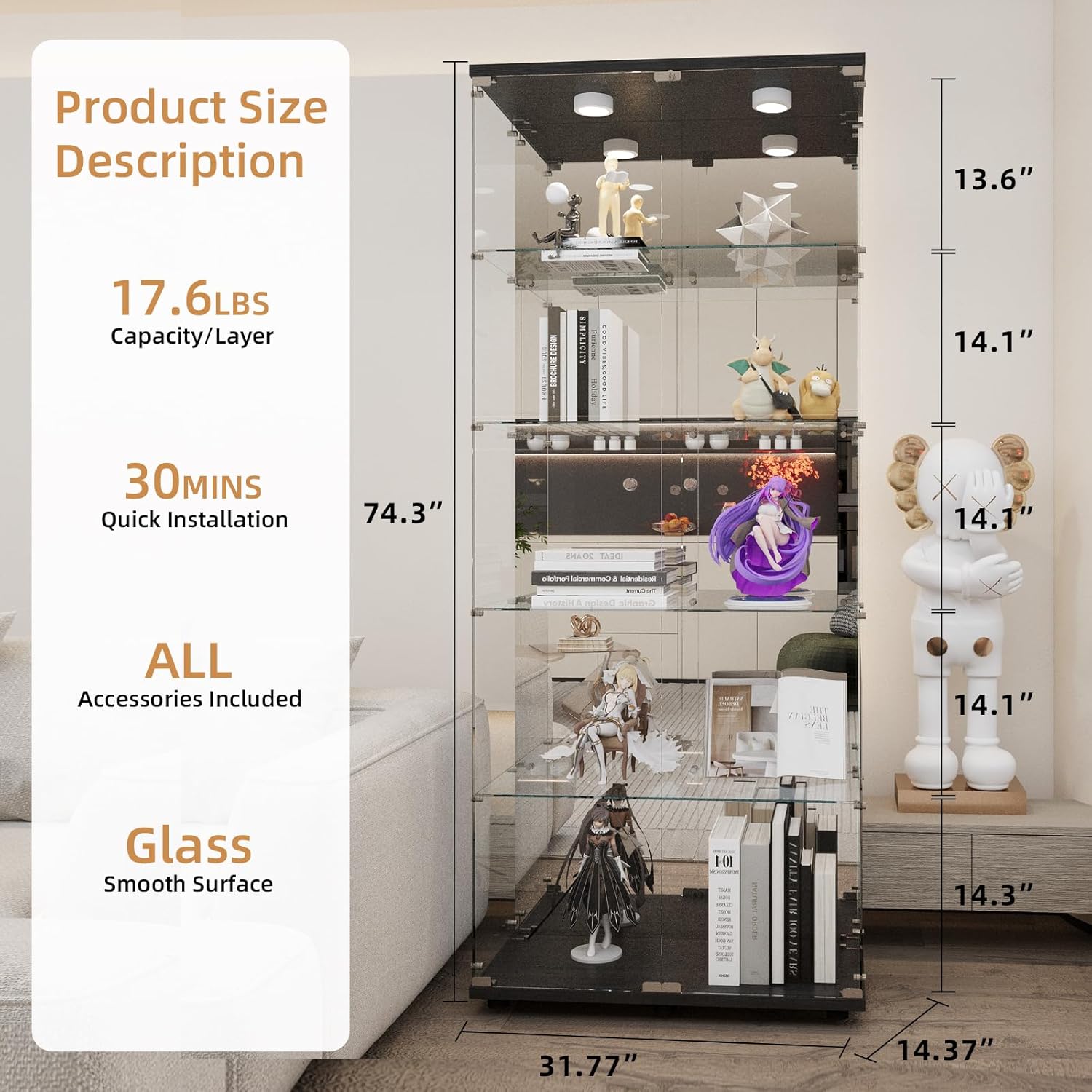 Beauty4U Glass Display Cabinet with LED Lights and Mirror, 5 Shelves with 2 Doors, Curio Cabinets for Living Room, Bedroom, Office, Black Floor Standing Glass Bookshelf, Quick Installation